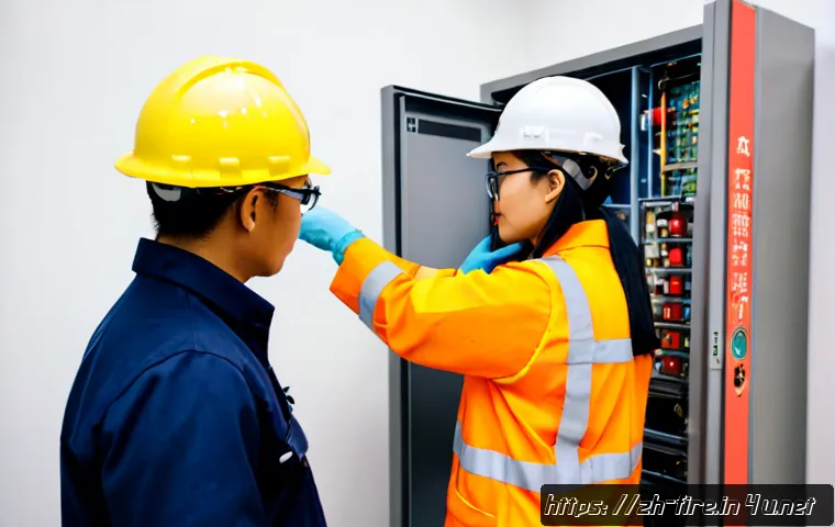 화재안전관리기술자와 함께 일하는 직업군 소개 - Photorealistic fire safety technician collaborating with an electrical engineer and building facilit...