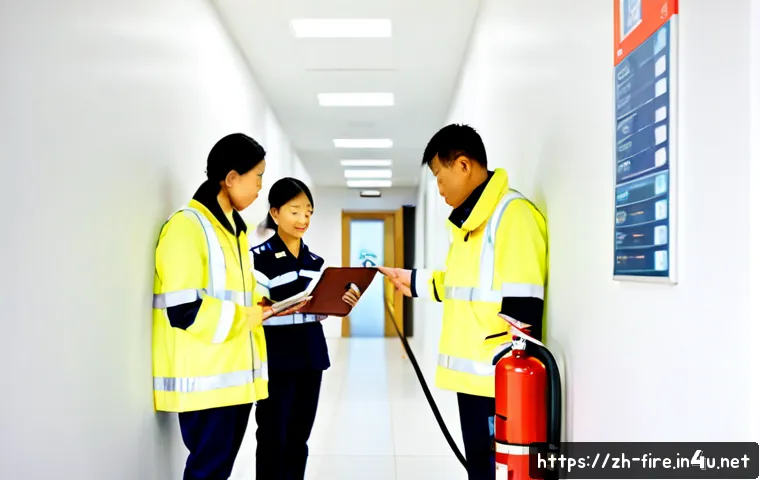 화재안전관리 직무에서의 팀워크 중요성 - Photorealistic fire safety management team in a modern commercial building corridor, four diverse pr...