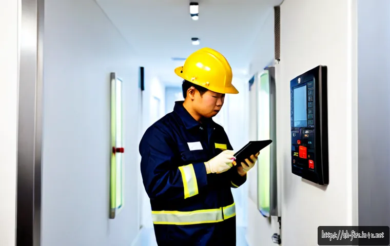 화재안전관리기술자 직무에서 요구되는 기술 - Photorealistic fire safety technician in a neat protective uniform and hard hat inspecting a modern ...