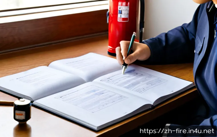 화재안전관리기술자 시험 대비 필수 문제집 - Photorealistic fire safety certification study scene, focused adult trainee seated at a clean wooden...